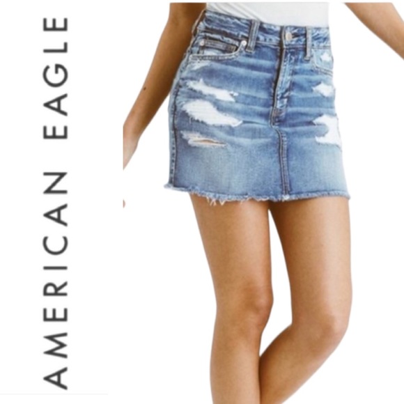 American Eagle Outfitters Dresses & Skirts - American Eagle Y2K Distressed Mini Boho Blue Denim Jean Skirt